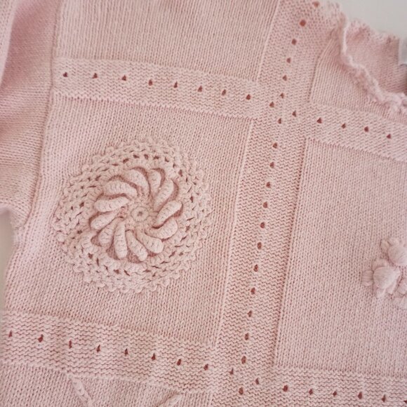 Vintage Exclusive Imports Pink Knit Embroidered Floral Pom Pom Crew Sweater M - Picture 10 of 12